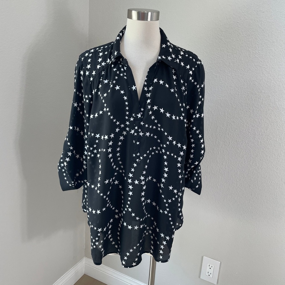 Torrid Womens Plus 2X Harper‎ Blouse Black White Star Georgette Pullover Top